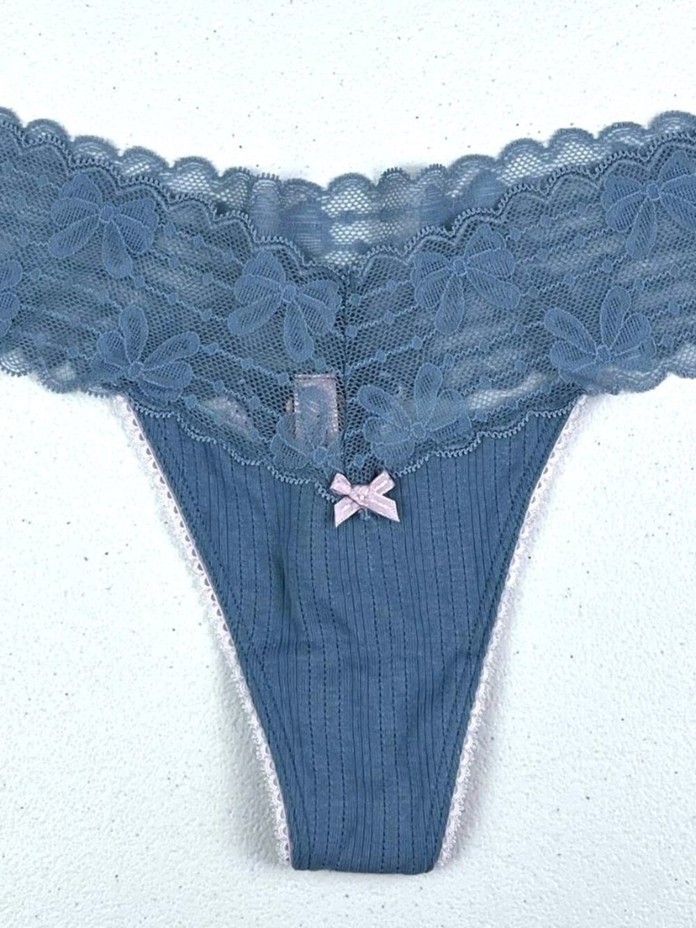 Victoria's Secret Blue Lace Waist Pointelle Thong String Panty. Size Small